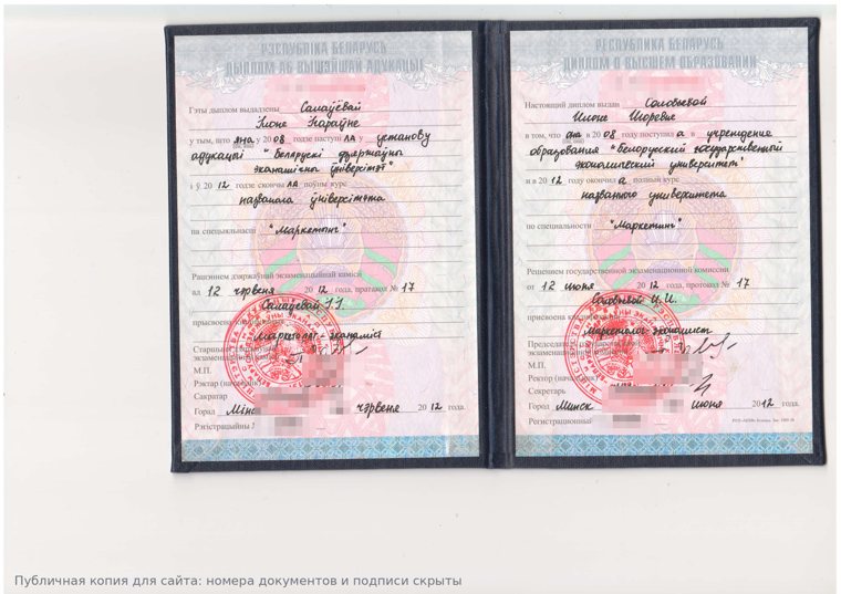 Диплом БГЭУ по специальности «Маркетинг»